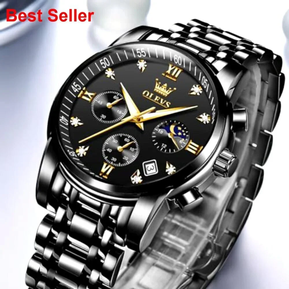 Stainless Steel Moon Phase Chronograph Watch with Date Display